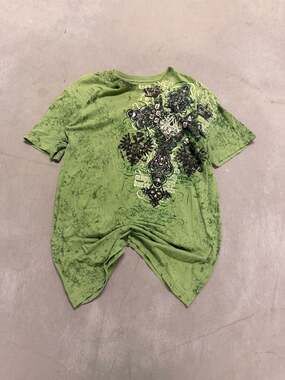 Archaic Affliction Graphic T-Shirt Green with Ornate Cross Design